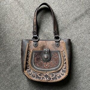 Montana West Brown Studded Embroidered Shoulder Hand Bag Western Cowgirl Purse